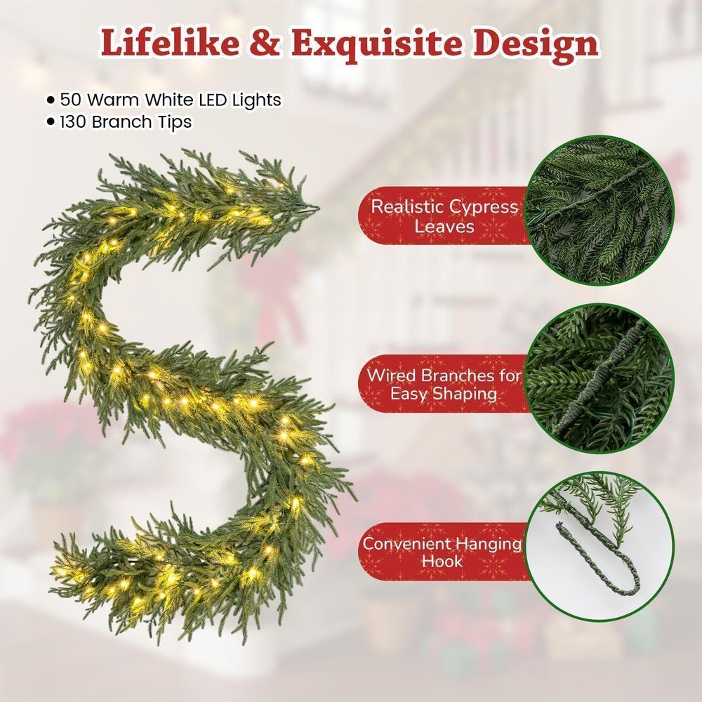 Goplus 9FT Pre-lit Christmas Garland, Artificial Christmas Pine Rattan w/Timer, 50 LED Lights and Red Berries, Ideal for Holiday Wedding Party