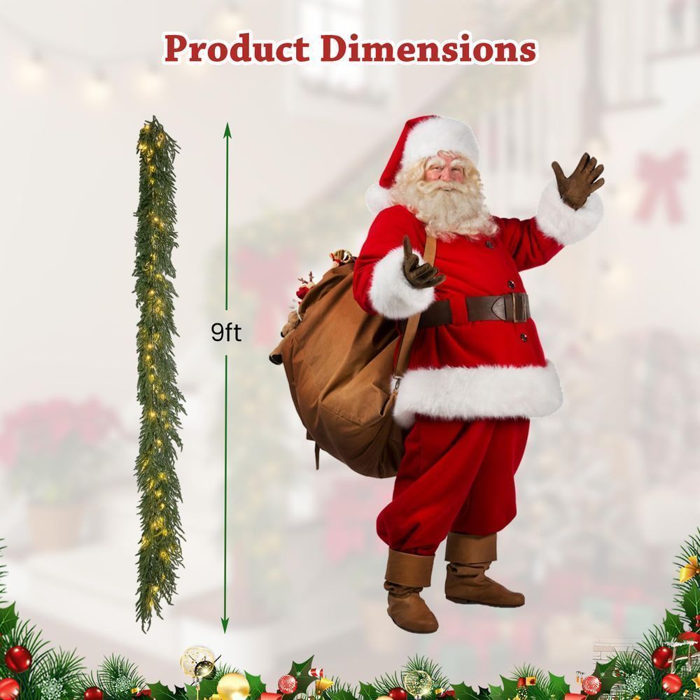 Goplus 9FT Pre-lit Christmas Garland, Artificial Christmas Pine Rattan w/Timer, 50 LED Lights and Red Berries, Ideal for Holiday Wedding Party